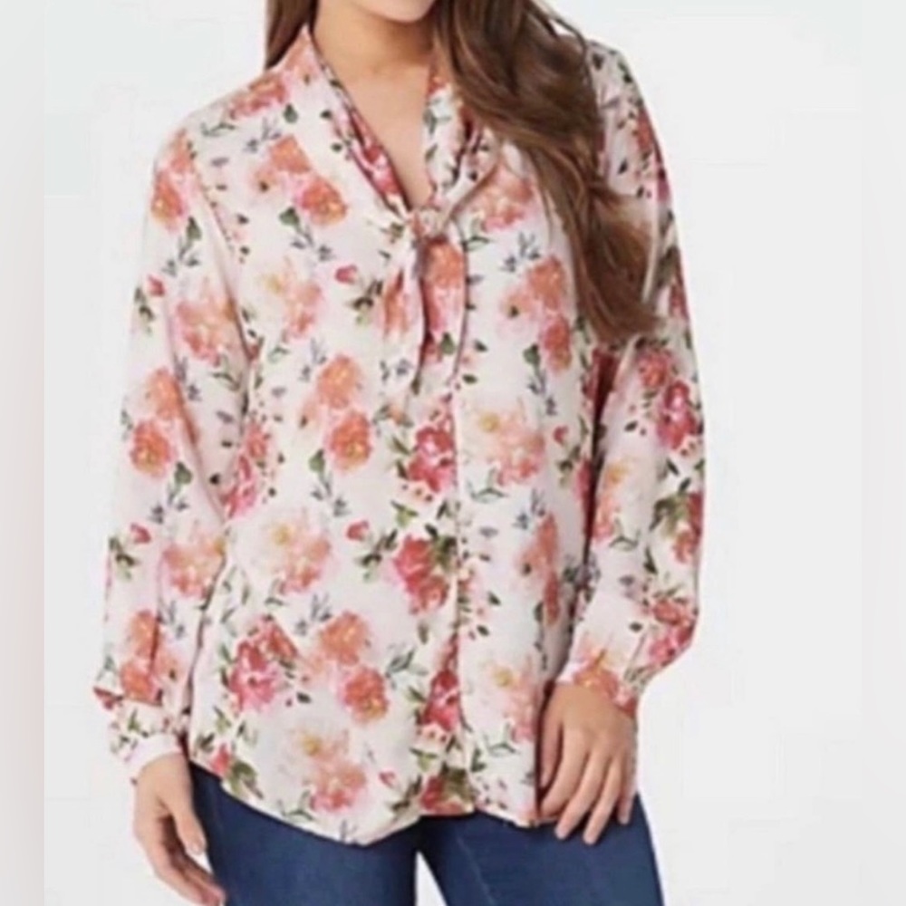Tolani Collection Julie Sand Floral Long Sleeve V Neck Attached Scarf Bl…